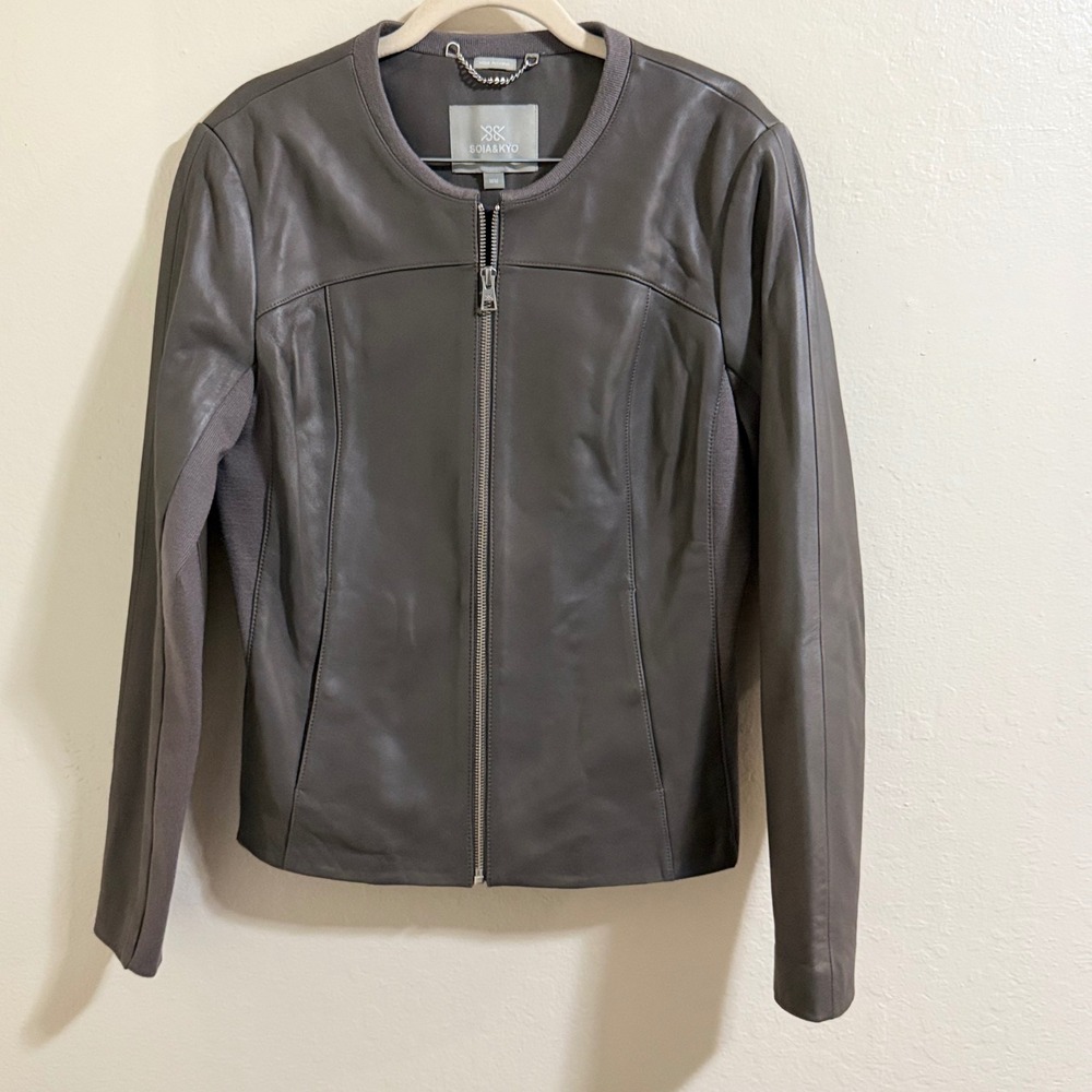 SOIA & KYO Sianne Grey Lambskin Leather Collarless Jacket Full Zip Fitted Moto M